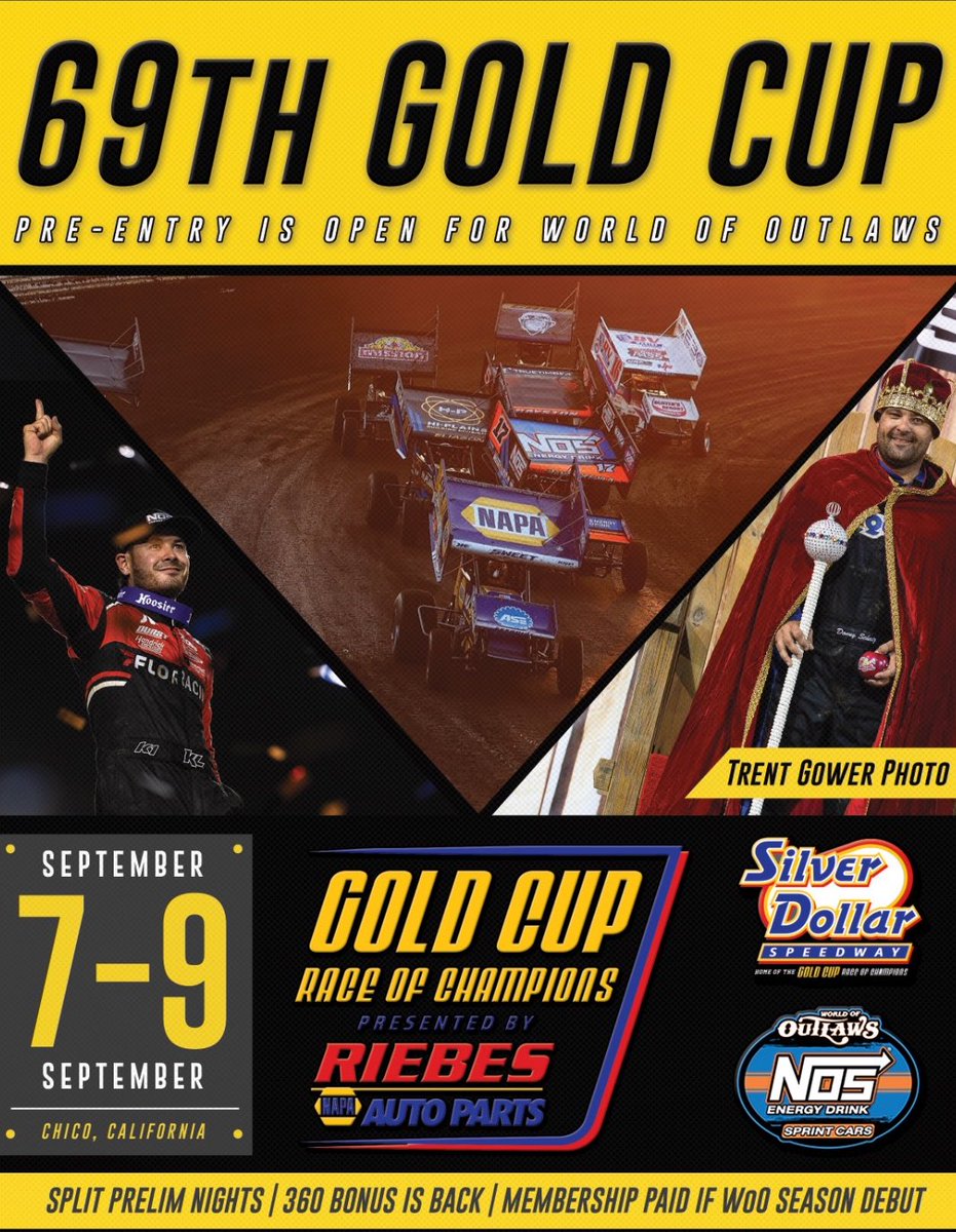 🏆 𝐆𝐎𝐋𝐃 𝐂𝐔𝐏 𝐄𝐍𝐓𝐑𝐘 𝐈𝐒 𝐎𝐏𝐄𝐍 🏆 Teams/Drivers can now enter — and pick preferred prelim nights — for the 69th Gold Cup Race of Champions on September 7-9 with @WorldofOutlaws. 𝗘𝗡𝗧𝗘𝗥 𝗛𝗘𝗥𝗘 ➡️ form.jotform.com/232316583170048