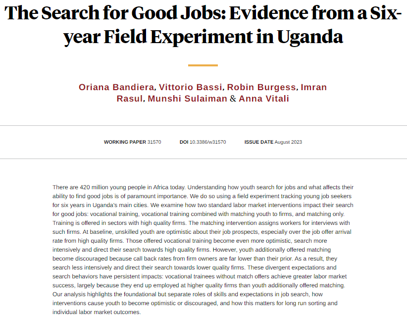 Ugandan youth who are offered training become more optimistic and find better jobs — but these gains are lower for workers also offered job matching services, from @orianabandiera @bassi_vittorio Robin Burgess, @ImranRasul3 Munshi Sulaiman, and Anna Vitali nber.org/papers/w31570