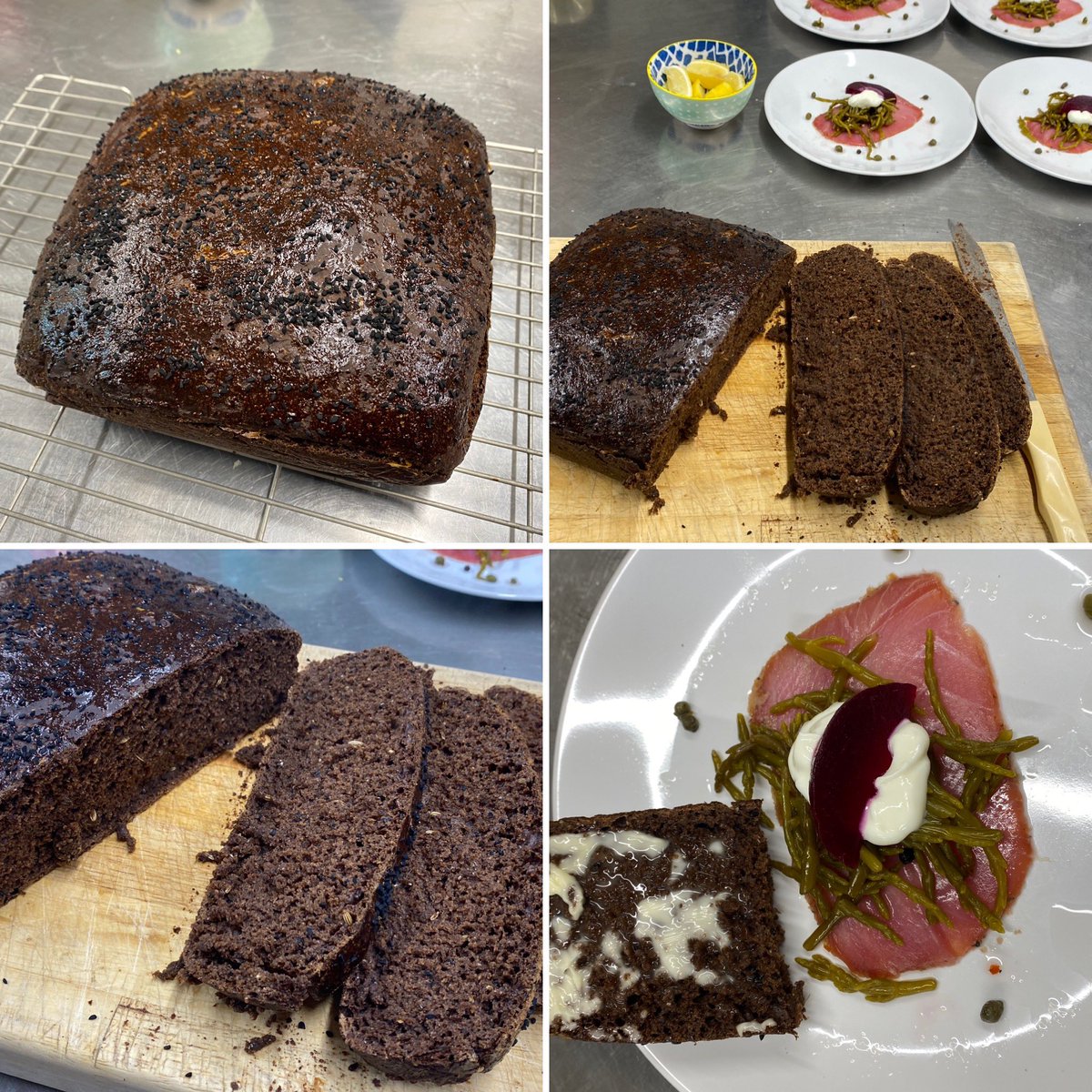 reb_lambert's tweet photo. @Nigella_Lawson’s ‘no knead black bread’.Well worth the prep time and I didn’t waste a drop of the @GuinnessGB🖤 served with the port of Lancaster’s smoked tuna 🐟and our handpicked and pickled samphire! 
#cookeatrepeat #blackbread #goodthingscometothosewhowait #theblackstuff https://t.co/dulSPqDdvd