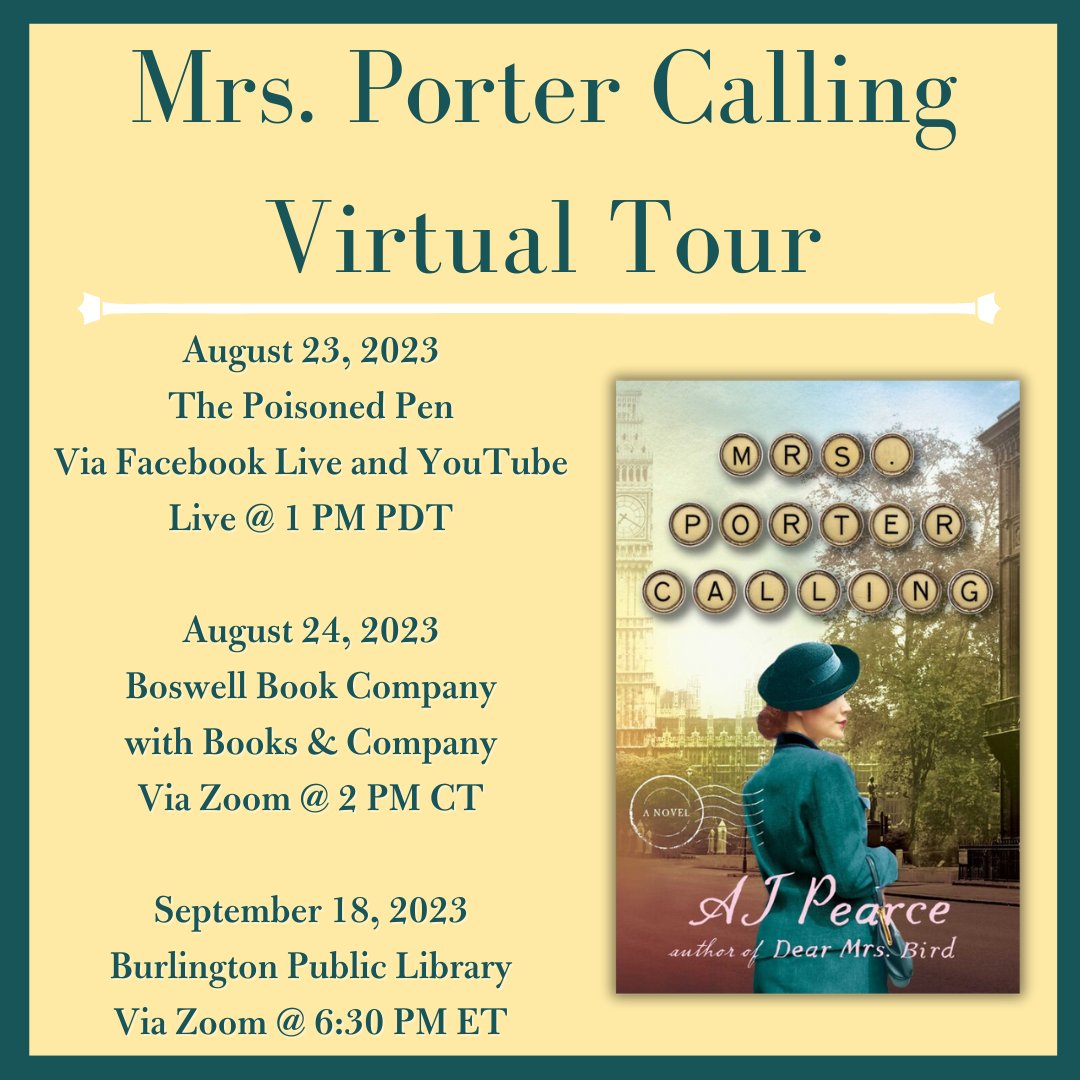 Catch @ajpearcewrites on tour for #MrsPorterCalling (spr.ly/6016PiiLY)—an irresistible novel featuring journalist Emmy Lake as she fights for her readers, her friends, & her found family in London during WWII—out this month! More on events here: spr.ly/6017PiiLl