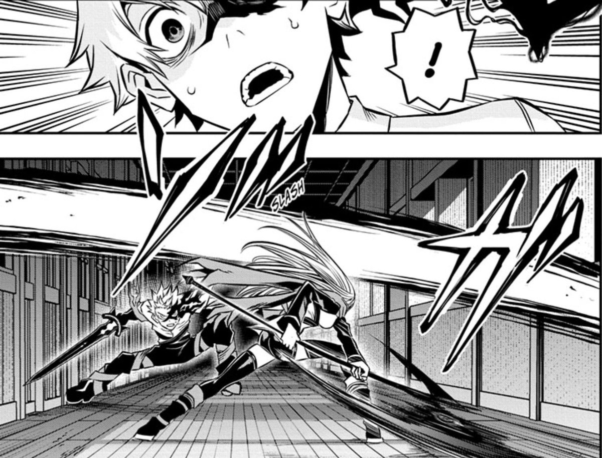 ShadzMangaOnly's tweet photo. A simple but clean way to convey speed. Having the wave of her slash still moving over him in the shot as he's reacting and she's setting up her follow up attack.  These are the types of things clean enough for an eventual anime to adapt 1 to 1.
#ShadzNE #NE14 #NuesExorcist14 https://t.co/kKOqdNY1Ht