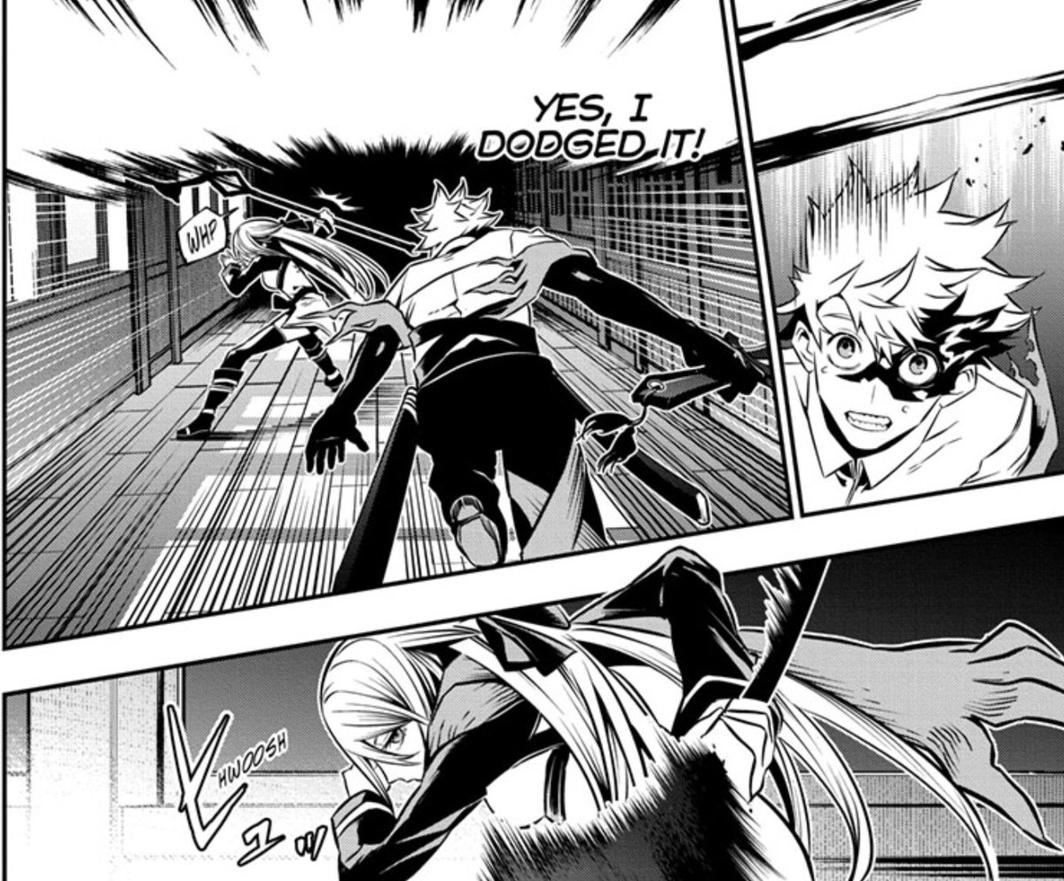 ShadzMangaOnly's tweet photo. A simple but clean way to convey speed. Having the wave of her slash still moving over him in the shot as he's reacting and she's setting up her follow up attack.  These are the types of things clean enough for an eventual anime to adapt 1 to 1.
#ShadzNE #NE14 #NuesExorcist14 https://t.co/kKOqdNY1Ht