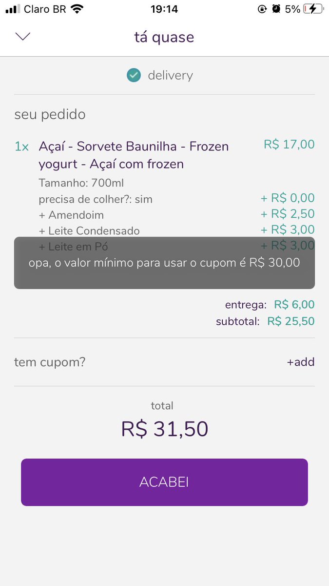 friieendsss's tweet photo. @aiqfome não é a primeira vez que isso acontece comigo! Ai tenho que pedir 40 reais de sorvete pra conseguir aplicar um cupom. Não faz sentido! https://t.co/JNuvDAV509