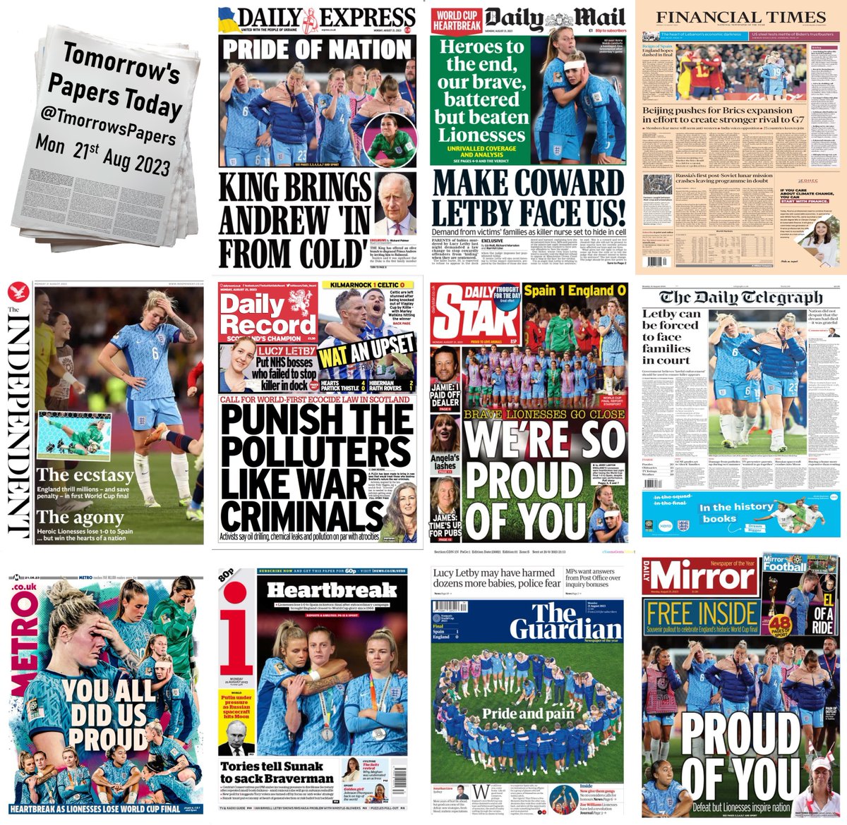 TmorrowsPapers's tweet image. Summary of Monday&apos;s front pages (21/08/2023) #TomorrowsPapersToday #FrontPages #MondaysPapers #Headlines