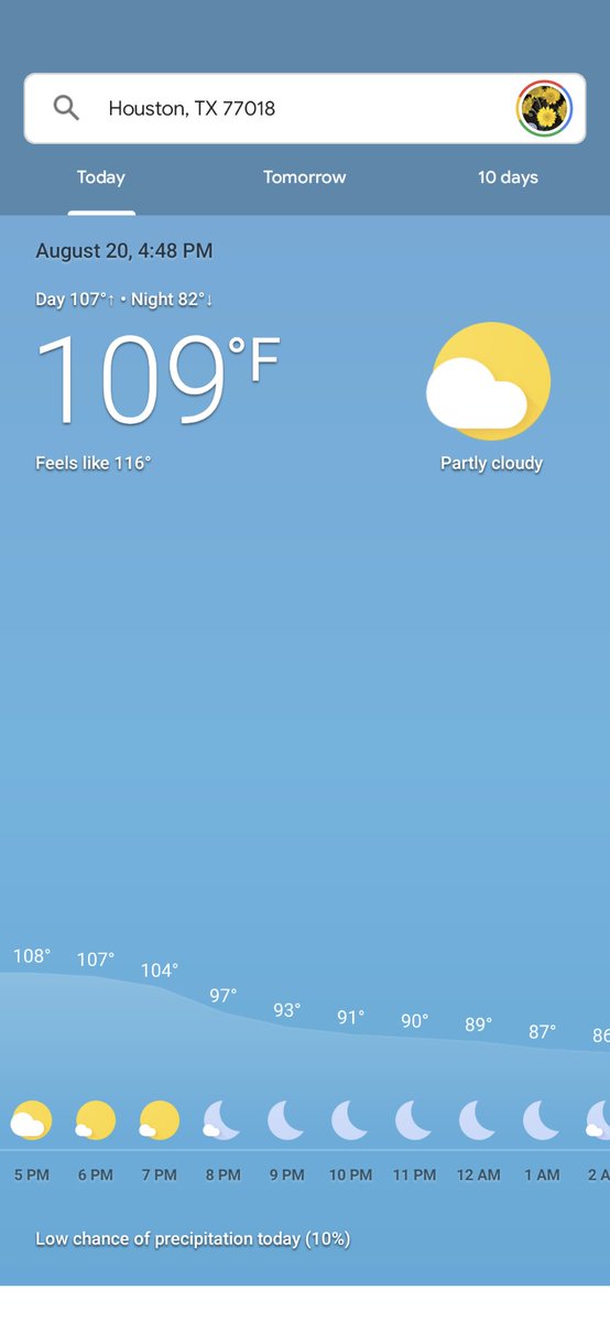 JadeGillen's tweet photo. If my weather app is correct, today's high temperature is tied with Houston's all-time record of 109°F set on August 27, 2011 and on September 4, 2000. https://t.co/WclaHba1kO