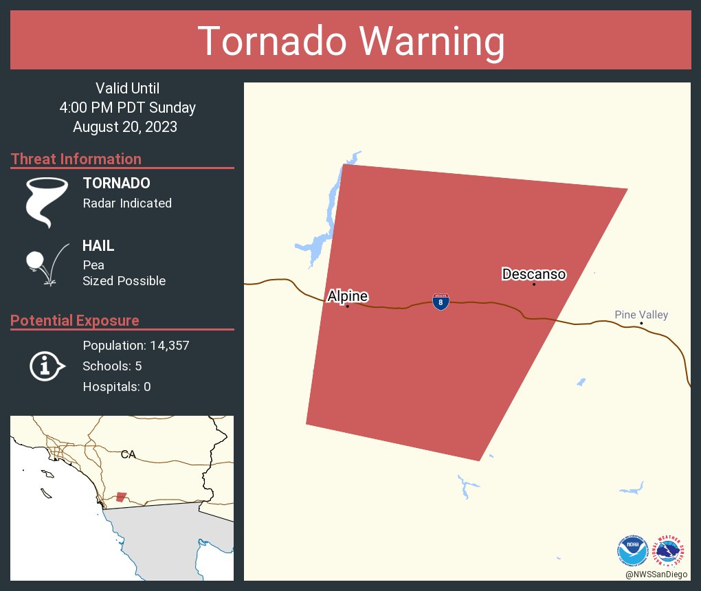NWSSanDiego's tweet photo. Tornado Warning including Alpine CA and  Descanso CA until 4:00 PM PDT https://t.co/Nar9HLyKjw