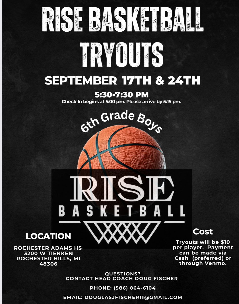 RiseMI2030's tweet photo. Rise Basketball 6th Grade tryouts coming soon. Looking for players who want to work hard - increase their overall skill set - in a TEAM focus environment. 🏀 https://t.co/X3KhZ1ATcI