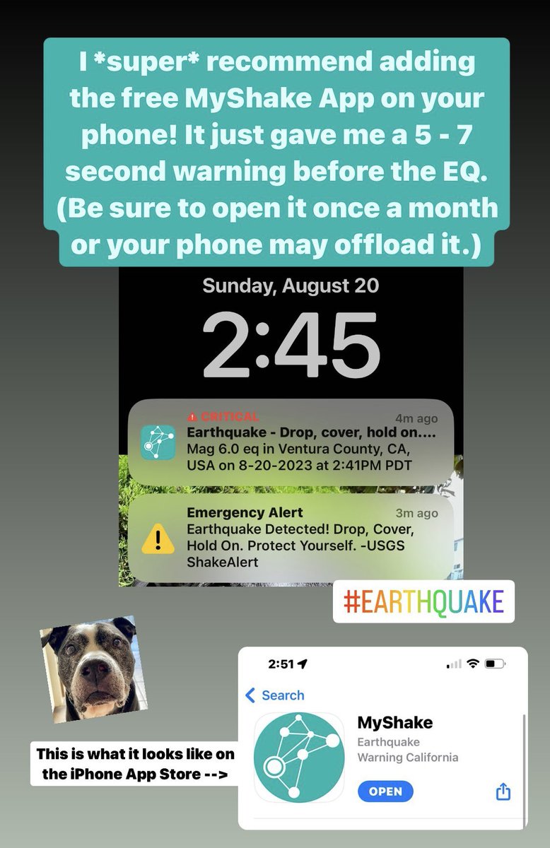 VetReceptZest's tweet photo. @earthquakesLA I want everyone to know that I got a five second warning before the #earthquake from the free UC Berkeley MyShake app.

I'm in Los Angeles 90034 so it wasn't big here but I absolutely got the warning beforehand. 🫶 https://t.co/N7ZUDmXKPs