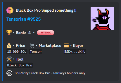 Another day, another phenomenal snipe! 🎯 A Black Box Pro user effortlessly secured a top-tier @tensor_hq Tensorian at floor price. True art at its finest 💎