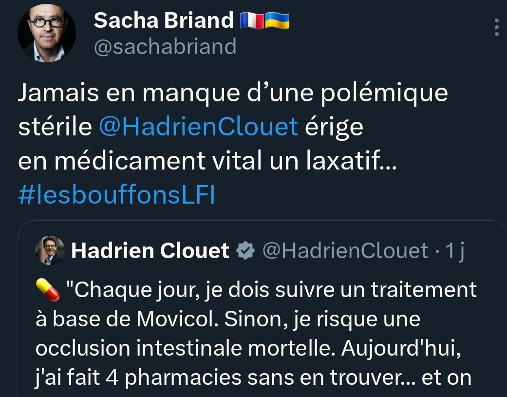 HadrienClouet's tweet photo. Qu'est-ce que la droite toulousaine ?

Un élu comme @sachabriand, occupant son temps (trop) libre à rire des causes de mortalité de ses compatriotes. Ici, l'occlusion intestinale, qui l'amuse mais emporte régulièrement des résident•es d'Ehpad.

Un monde moral nous sépare. https://t.co/RYaugkkeMU