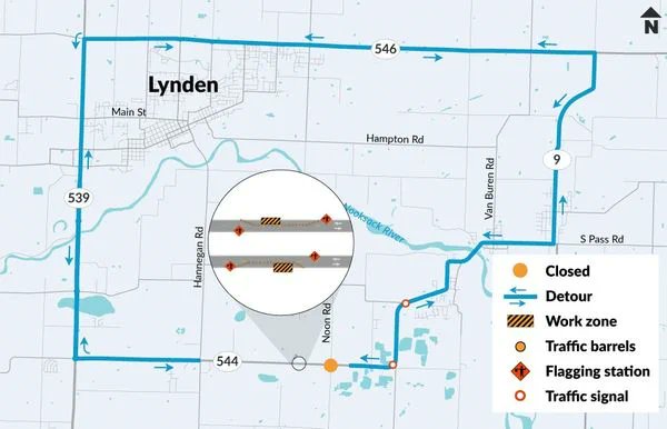 wsdot_north's tweet image. 🚨REMINDER: In #WhatcomCounty, starting tomorrow 
🐟7AM, 8/21, a monthlong closure of both directions of SR 544 just west of Noon Road (MP 3) near Everson for fish passage construction 
🔃A signed detours will be in place using SR 544, SR 539, SR 546, SR 9