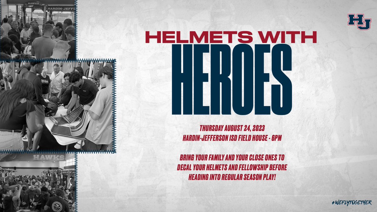 Helmets with Heroes is this Thursday at 6pm for Varsity Football Players - It will take place in the HJ Fieldhouse! #WeFlyTogether🦅