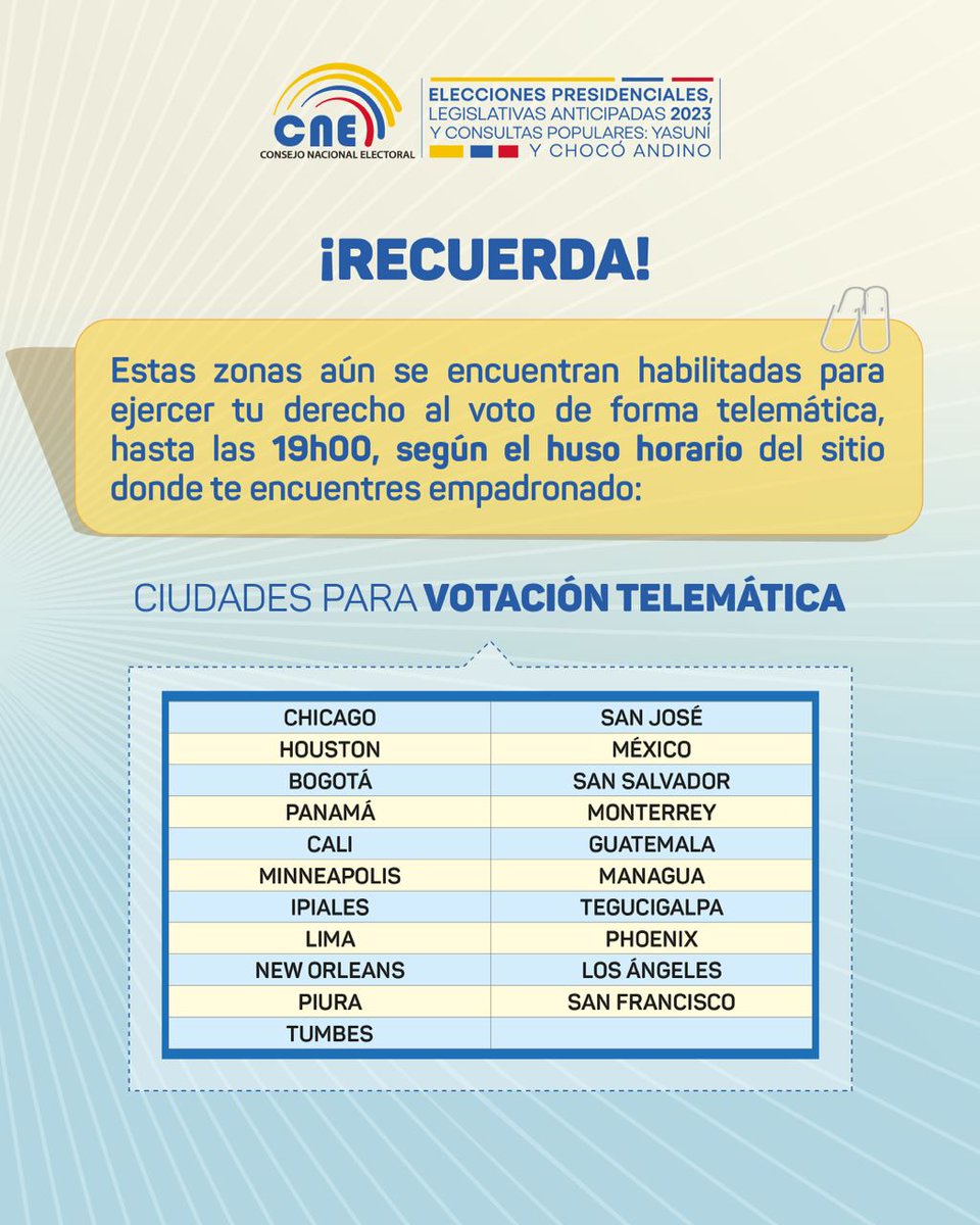 cnegobec's tweet photo. ATENCIÓN 📌
Si estás empadronado en una de estas ciudades, 🌐 aún puedes ejercer el #VotoTelemáticoEnElExterior. 

#EcuadorDecide ☑️
#InformaciónOficialCNE 🇪🇨🗳️ https://t.co/QcDJFPe7ej