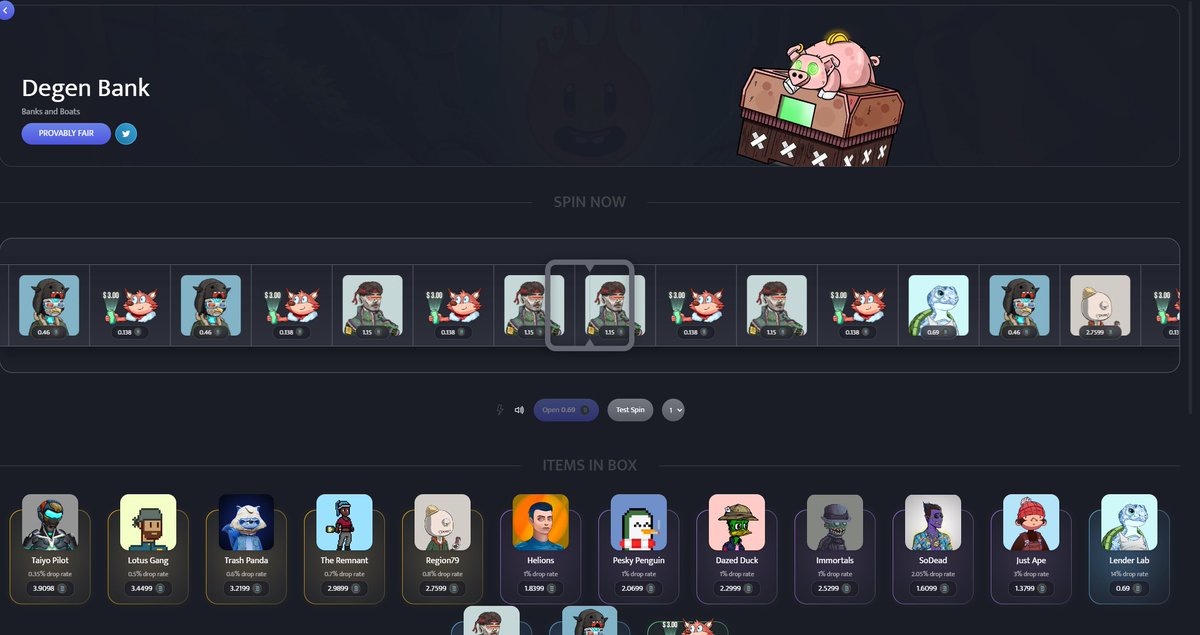 Degen Bank Lootbyte

TEST YOUR SPIN SKILLS AND WIN BIG

Open a lootbox and get a chance at winning some MAJOR PRIZES!

lootbyte.app/boxes