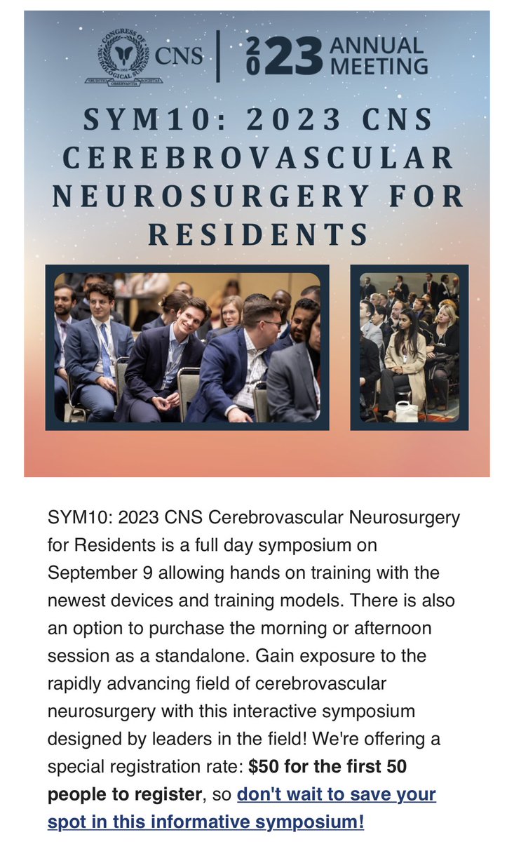 This is a fantastic @CNS_Update symposium for residents and med students interested in #cerebrovascular #neurosurgery - highly recommend it for #CNS2023! CNS.org/2023 @chrisogilvyMD @CNSResidents @chriskellnerMD @ubnsvascular @EladLevyMD