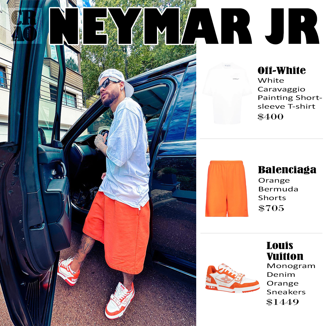 OfcaroStyle's tweet photo. Neymar Jr wearing :
.
.
. @off____white White Caravaggio Painting Short-sleeve T-shirt ($400)
.
. @balenciaga Orange Bermuda Shorts ($705) 
.
. @louisvuitton Monogram Denim Orange Sneakers ($1449)
.
.
#neymar #neymarjr #alhilal #offwhite #balenciaga #louisvuitton #football https://t.co/Jreqizdmct