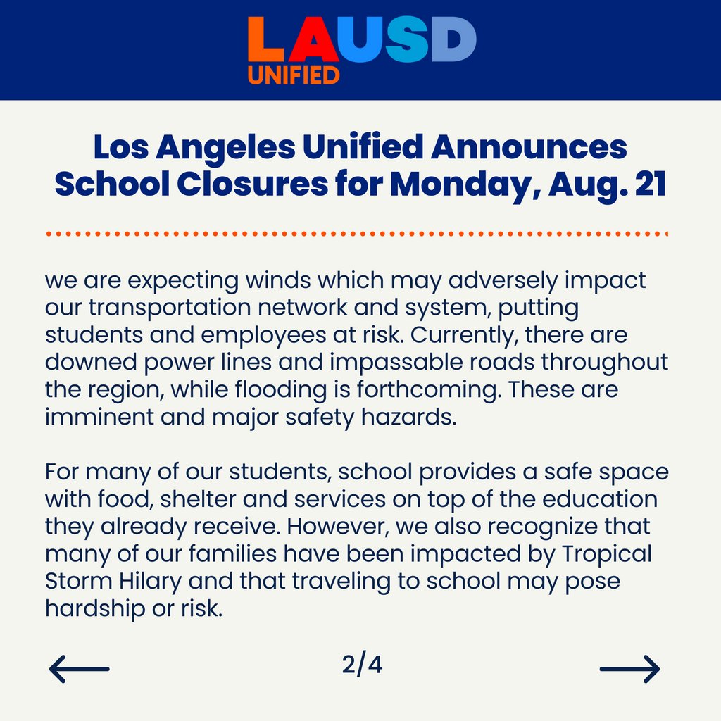 LAUSDSup's tweet photo. Los Angeles Unified Announces School Closures for Monday, Aug. 21 https://t.co/tVsxLYHEGS