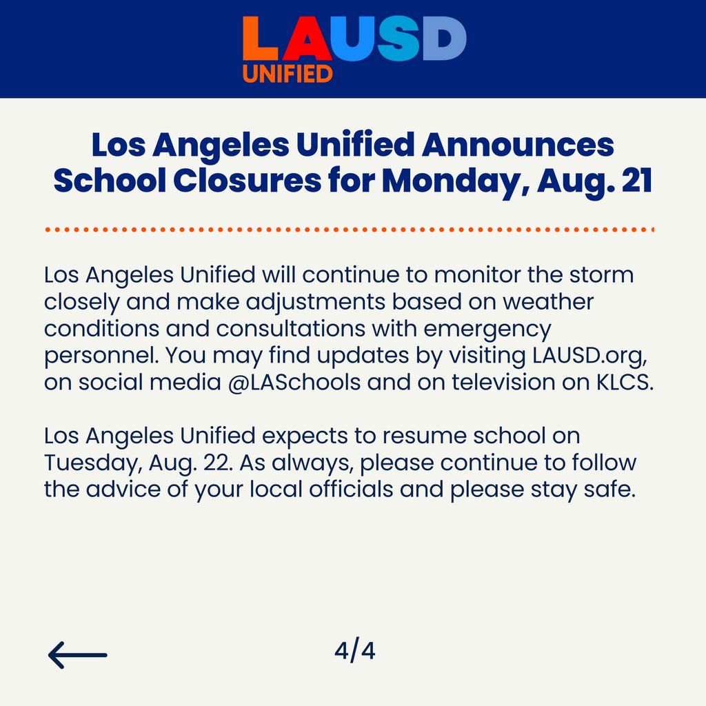 Los Angeles Unified Announces School Closures for Monday, Aug. 21