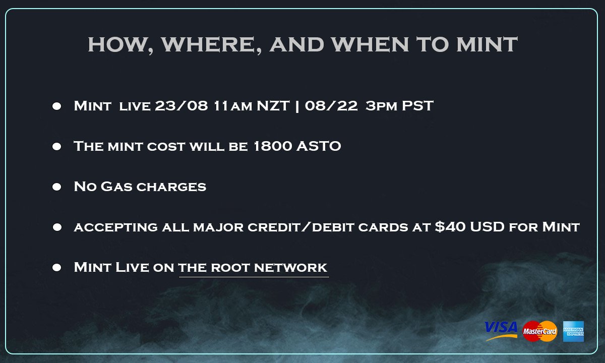 ProjectTempus_'s tweet photo. How, where, and when to mint

Minting will go live on the Project Tempus website on 23/08 at 11am NZT | 08/22 at 3pm PST.

The mint cost will be 1800 ASTO

No Gas charges

We will also be accepting all major credit/debit cards at $40 USD for Mint!

Mint on @TheRootNetwork https://t.co/2sa5L2BrUC