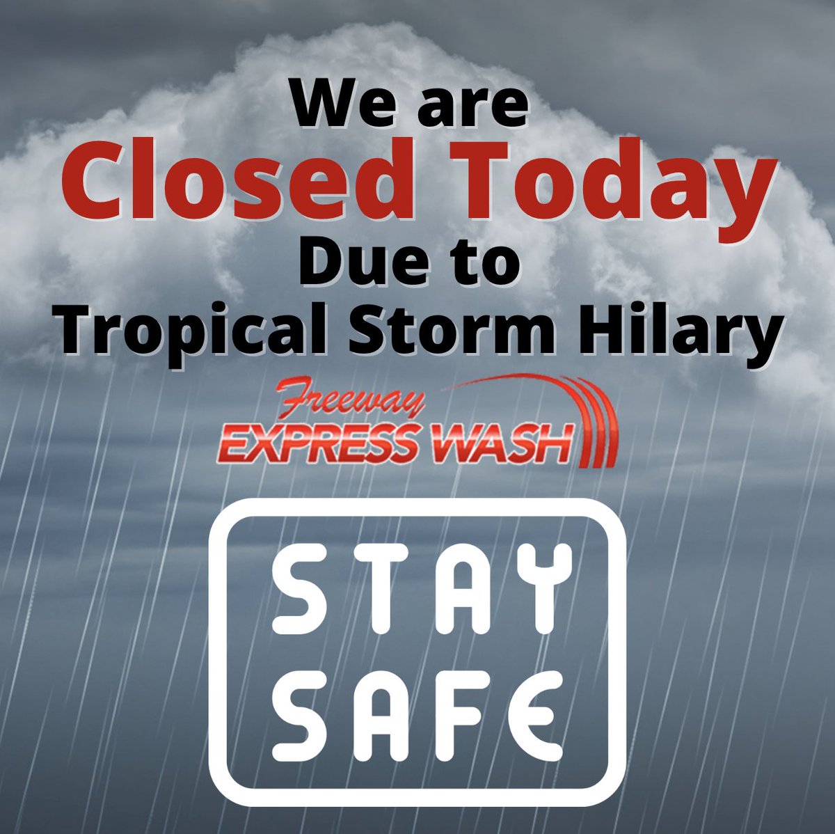Freeway_Wash's tweet photo. Closed today due to Tropical Storm Hilary - Everyone, please stay safe during this uncertain time. Let's all look out for each other and make sure we're taking care of ourselves and our communities. #WeatherTheStorm #StaySafe #gardengrove #freewayexpresscarwash #freewayexpress https://t.co/9C9jMyORq9