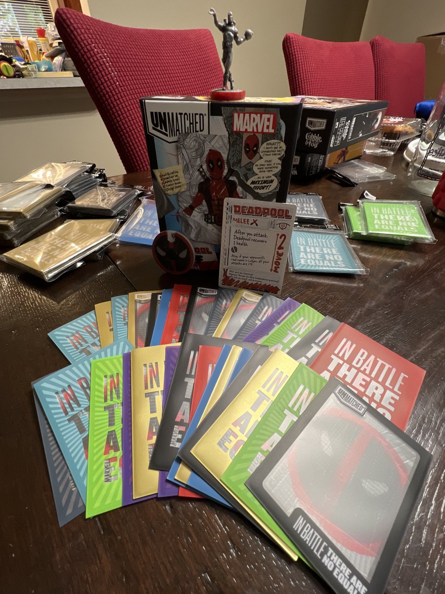 AgentSlickyfats's tweet image. Maybe the only right wrong way to sleeve Deadpool with Restoration Games new sleeves for Unmatched.

#restorationgames #unmatched #deadpool #marvel