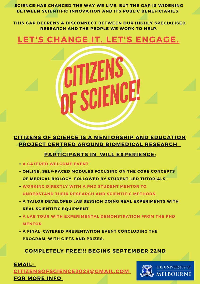 A/Prof Jen Martin @scidocmartin.bsky.social (@scidocmartin) on Twitter photo Keen to learn medical bioscience basics, explore research with a PhD mentor, and dive into some hands on lab work? 
Join a Melbourne Uni student group's Citizens of Science project for free! Catered to a completely beginner audience – no prior knowledge necessary. Details 👇👇 Keen to learn medical bioscience basics, explore research with a PhD mentor, and dive into some hands on lab work? 
Join a Melbourne Uni student group's Citizens of Science project for free! Catered to a completely beginner audience – no prior knowledge necessary. Details 👇👇
