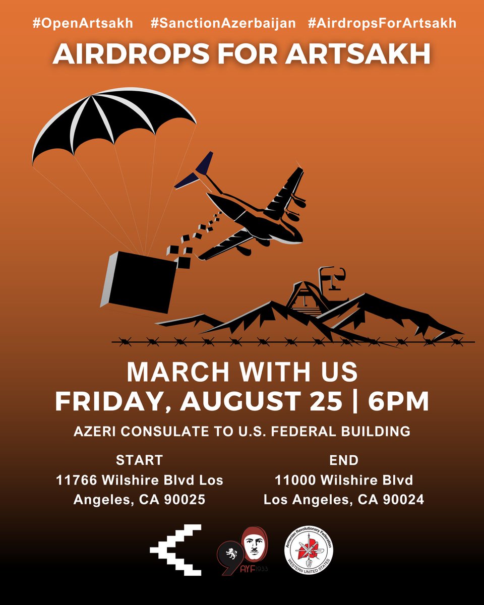 AIRDROPS FOR ARTSAKH
FRIDAY, AUGUST 25

Join the National Armenian community and rise for Artsakh, urging the United States to call for an immediate end to Azerbaijani terrorism in Artsakh. 

<a href="/AYFeast/">AYF Eastern USA</a> 
<a href="/ANCA_DC/">ANCA</a>
