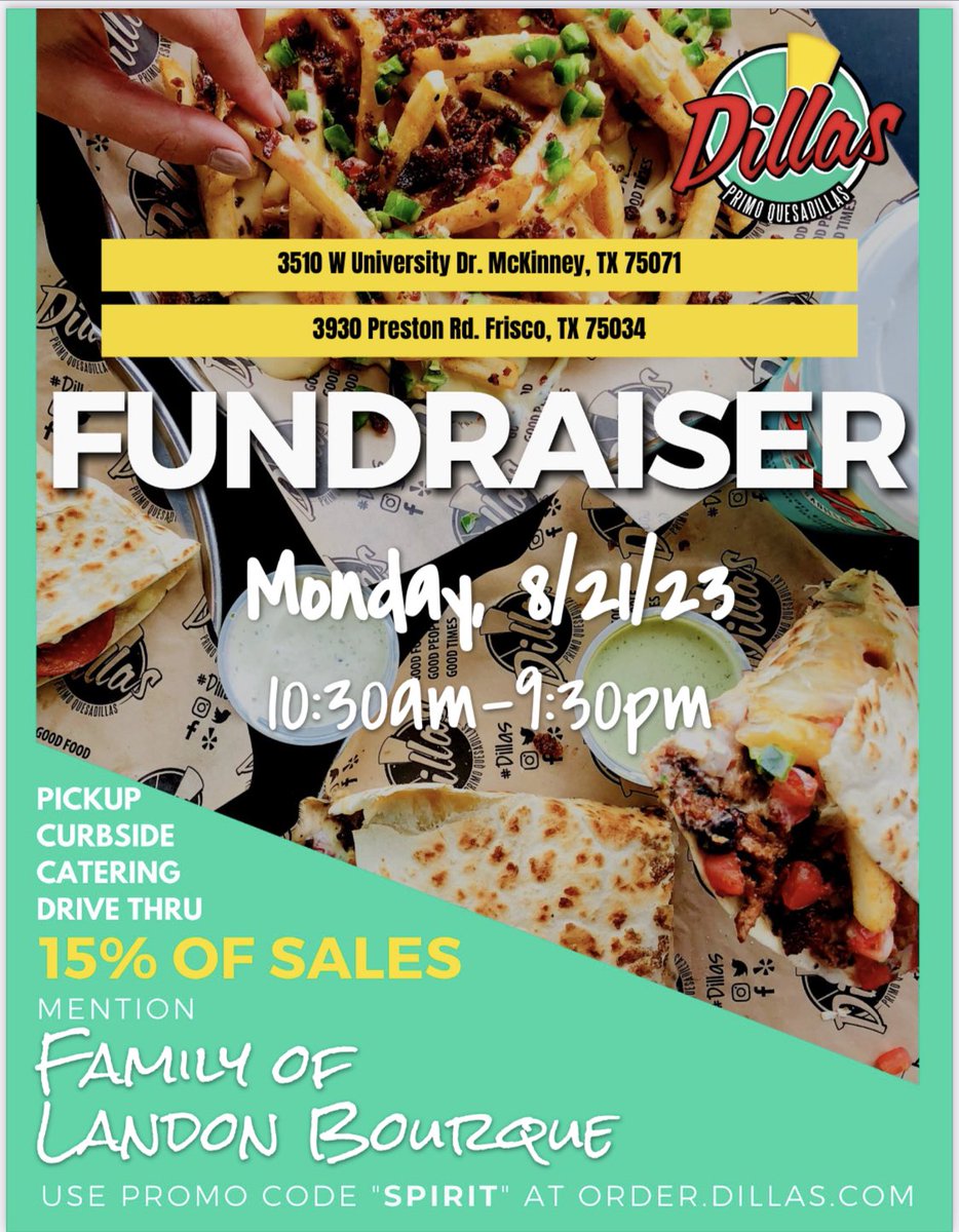 Kenneth Gilchrist (@kennethgilchr11) on Twitter photo Please make plans to go by Dillas tomorrow! They are donating 15% of the days sales to The Bourques! Just mention Landon! <a href="/FriscoFB/">Frisco Football</a> <a href="/HHSCoyotes/">Heritage High School</a> <a href="/HHSCTC/">HHSCTC</a> <a href="/Coyotes_Ath/">Frisco Heritage Athletics</a> Please make plans to go by Dillas tomorrow! They are donating 15% of the days sales to The Bourques! Just mention Landon! <a href="/FriscoFB/">Frisco Football</a> <a href="/HHSCoyotes/">Heritage High School</a> <a href="/HHSCTC/">HHSCTC</a> <a href="/Coyotes_Ath/">Frisco Heritage Athletics</a>
