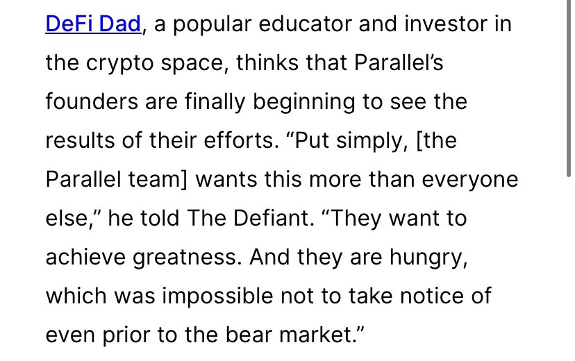DeFi_Dad's tweet photo. For those of you who just experienced your first bear market, you earn your battle scars and eventually have to help other newcomers learn how hard we work to earn what we have in this industry.

A great example of this is @ParallelTCG—a team working to achieve greatness. 

// https://t.co/MSVxfUltJW