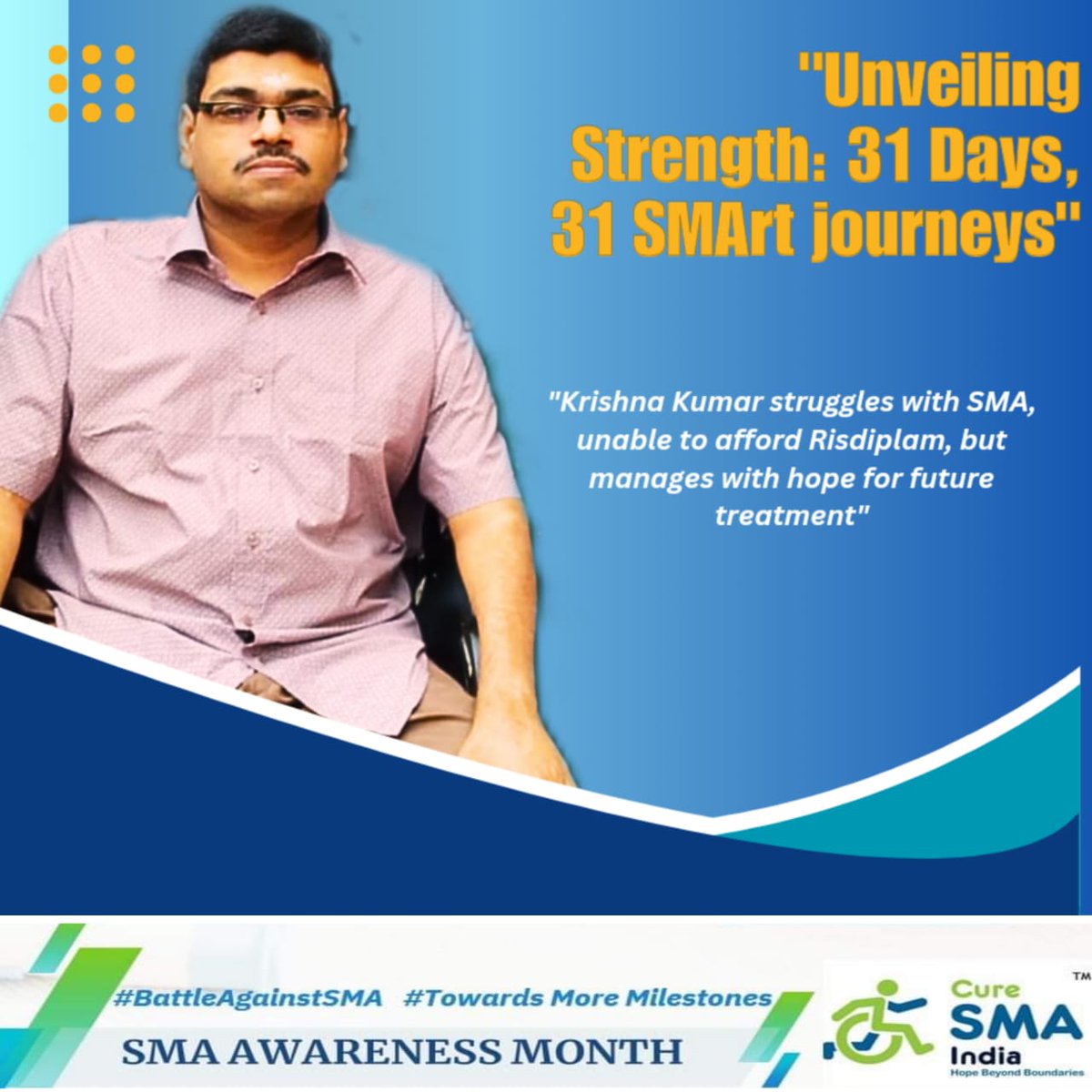 curesmaindia's tweet photo. Witness the remarkable #SMAjourney of Dr. Krishnakumar, 46, living with SMA type 3 from Puducherry. Overcoming challenges, he graduated in Engineering, earned a doctorate, and now imparts knowledge as a polytechnic educator. His family's dedication in providing care and support shines bright! 🙌 #SMAawareness
#BattleAgainstSMA
 #Inspiration #RemarkableJourney