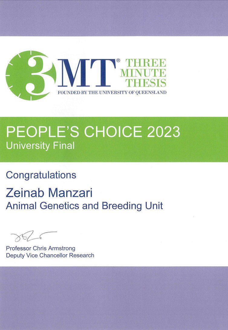 Congratulations <a href="/AGBU_GENE/">AGBU_GENE</a> PhD student Zeinab Manzari who took out Peoples choice award at the UNE Final of the 3MT thesis competition. With a great talk titled “Profitability in the pasture: A Generic Investigation of Economic Traits in Australian Beef Cattle.”<a href="/UniNewEngland/">Uni of New England</a>