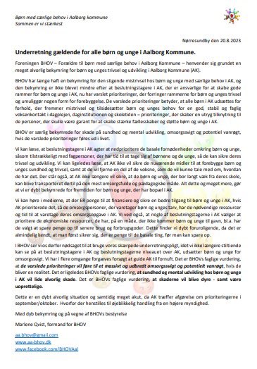 PRESSEMEDDELELSE:

BHOV - Forældre til børn med særlige behov i Aalborg kommune laver en underretning på børn og unge med særlige behov i Aalborg Kommune.
 
Se billede og opslag i den fulde længde på vores Facebook side)