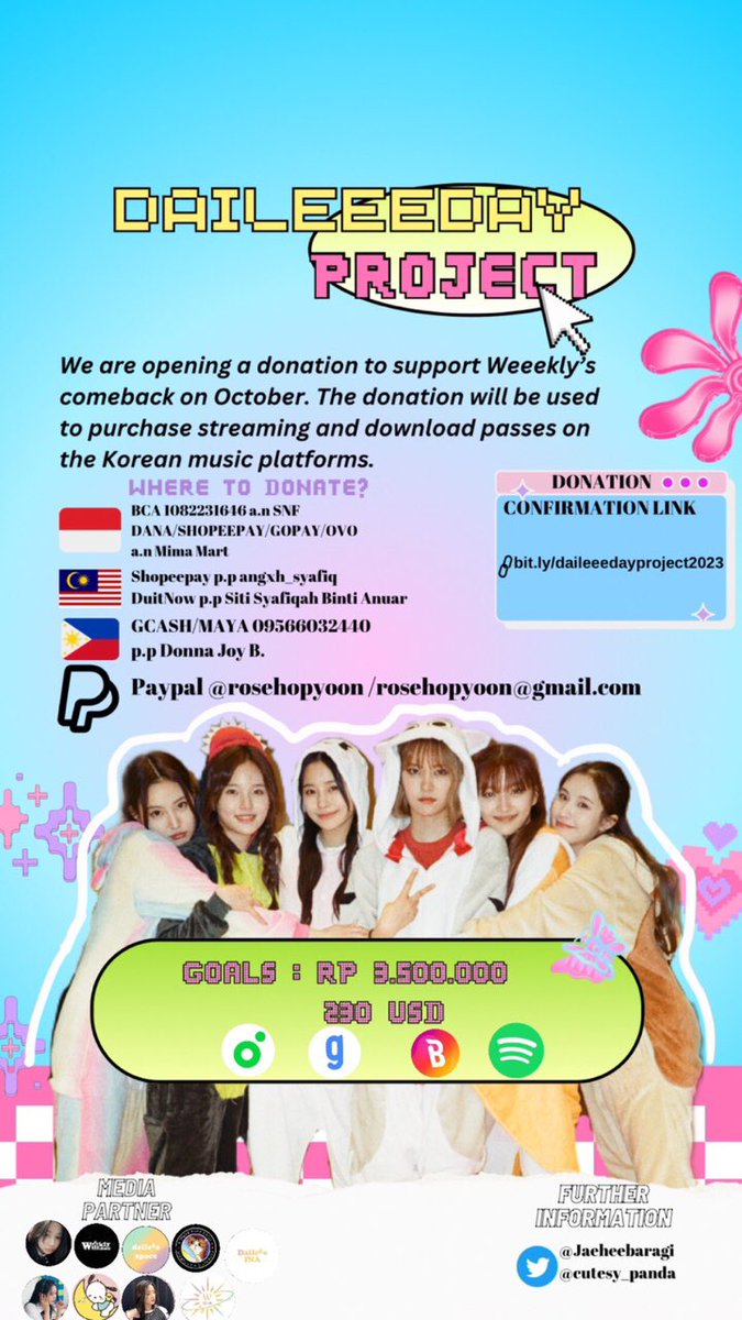 Hi Daileees! We're back with “Daileeeday Project” which is a continuation of our previous project to support Weeekly's next comeback

Donation confirmation:
bit.ly/daileeedayproj…
Donation tracker:
bit.ly/daileeedaytrac…

More details on the poster!

#Weeekly #위클리 <a href="/_Weeekly/">Weeekly (위클리)</a>