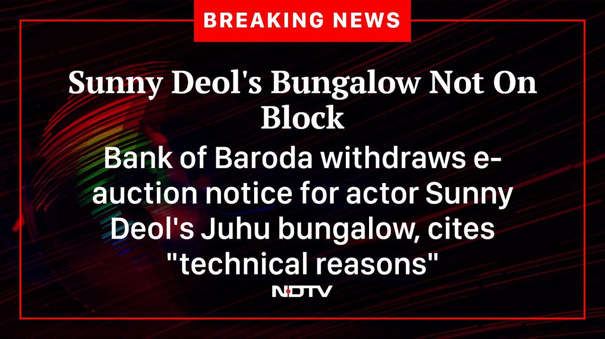 Sunny Deol's Juhu Bungalow Not On The Block, Bank Withdraws Auction Notice 

The auction notice for actor and BJP MP Sunny Deol's bungalow in Mumbai's Juhu has been withdrawn, the state-owned Bank of Baroda said in a statement today.
#SunnyDeol #Bankofbaroda #Mumbai #Juhu #SunnyD