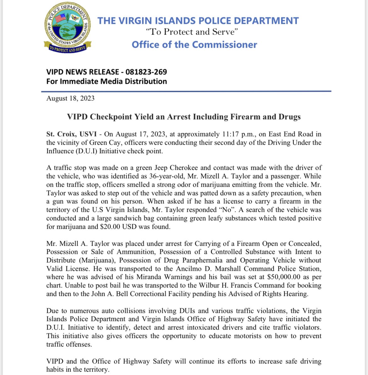 VIPD Checkpoint Yield an Arrest Including Firearm and Drugs
St. Croix, USVI