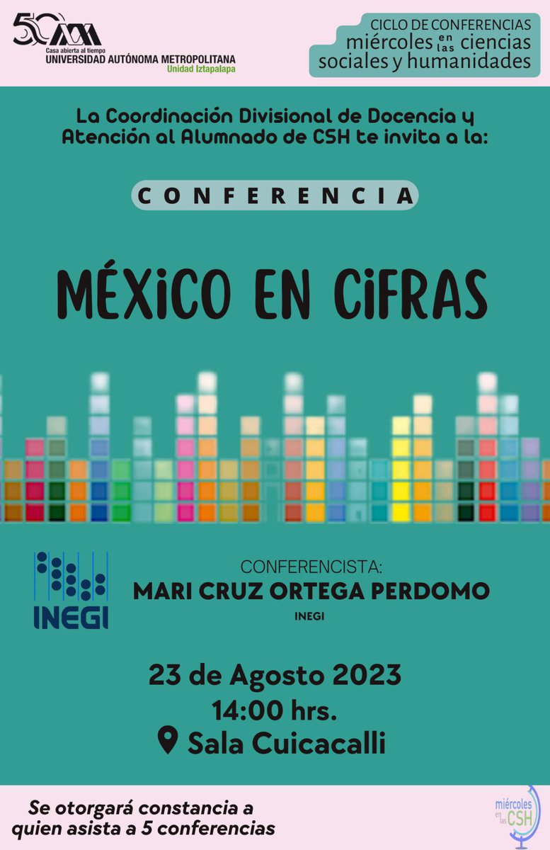Mañana 23 de agosto, conferencia "México en cifras", impartida por la Dra. Mari Cruz Ortega Perdomo (<a href="/INEGI_INFORMA/">INEGI INFORMA</a>) dentro del ciclo #MiércolesEnLasCSH.

La cita es a las 14:00 horas en la Sala Cuicacalli.