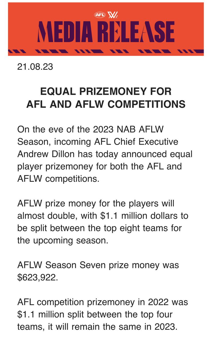 AFL equalises player prize money pools for men &amp; women comps.

Great &amp; game changing news.

From 2023:

• AFL womens: $1.1 million split between top eight sides
 
• AFL mens: $1.1 million to remain split between top four sides
  
Total #AFLW prize $ last season = $623,922

#AFL