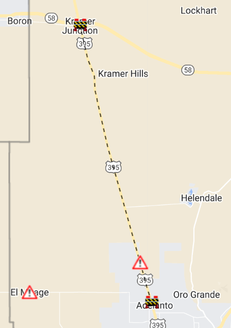 Caltrans8's tweet photo. SBCO: U.S. Route 395 is closed due to mud and debris on the highway from Adelanto to Kramer Junction. Unknown duration to clear. Seek alternative routes. #Caltrans8 https://t.co/XmKuLZMOE3