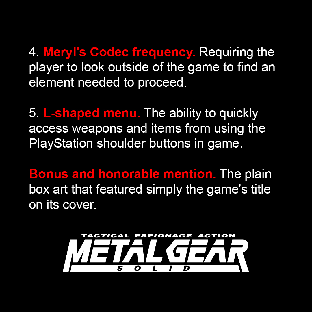 MGSMGN's tweet photo. In 2014, Kojima Station Episode 13 featured a segment "Talking about MGS" with Kojima staff members. One of the many things they spoke about was, 5 groundbreaking aspects of MGS1.

2014年、コジマステーションのエピソード13では、小島監督スタッフによる「MGSを語る」というコーナーがあった。MGS1の5つの画期的な点について語った。

Translation via tweets from @JunkerHQnet 

#メタルギア  #MetalGearSolid