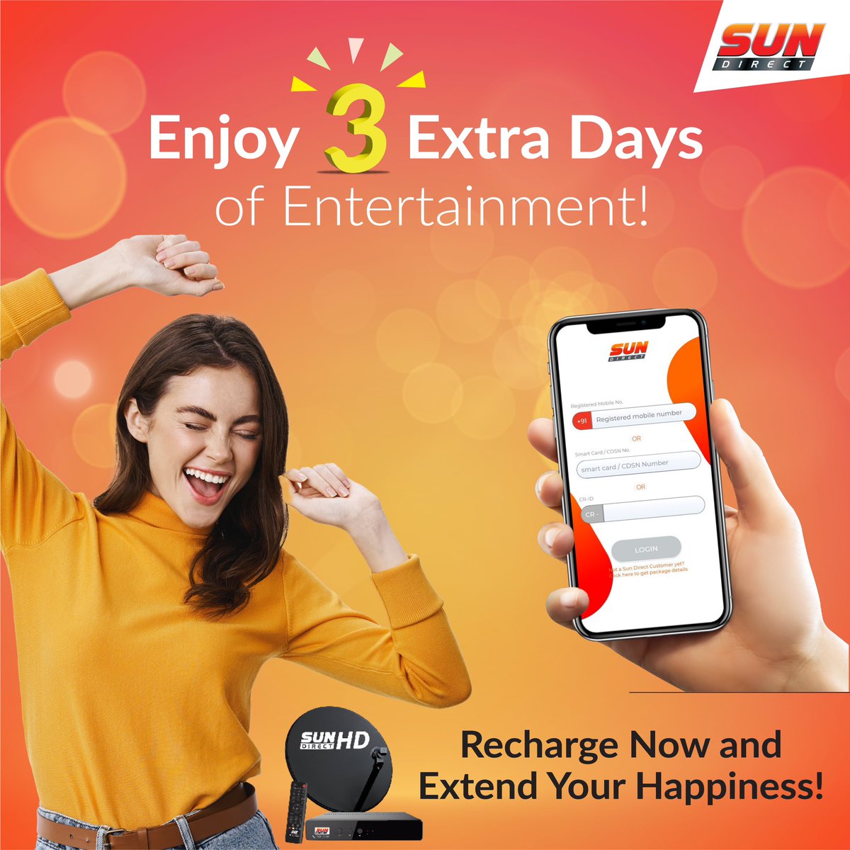 SUNDIRECTIndia's tweet photo. Get thrilled with 3 more days of entertainment! Recharge for a month and enjoy 3 extra days next month. No more worries about end dates!
#sundirect #sundirectdth #sundirectservice #bestpacks https://t.co/Y8Ry98jNZ9