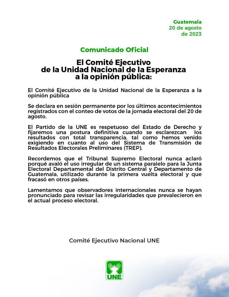 EmisorasUnidas's tweet photo. Comité Ejecutivo de la UNE declara sesión permanente tras últimos acontecimientos en el conteo de votos.

#EUElecciones2023 #Elecciones2023 #EleccionesGT #GUATEVOTA2023 #EleccionesGT2023 https://t.co/eCJ5jFPOl2