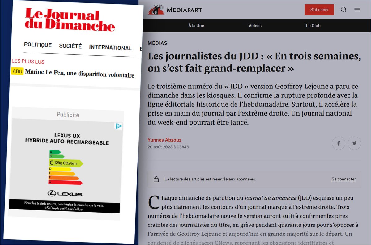 slpng_giants_fr's tweet photo. Bonjour @LexusFrance/@Lexus_EU,
L'idéologie identitaire extrémiste du #JDD est maintenant confirmée, et avec elle les alertes de #BrandSafety de Publicis vis-à-vis de la version papier.
En web, le contenu est le même. Allez-vous retirer rapidement vos pubs de #LeJDD.fr ?
#opJDD https://t.co/EvzXnI3uwI