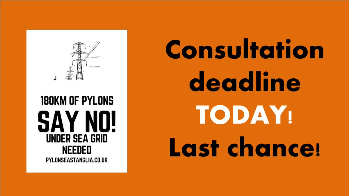 National Grid's consultation ends today.   Please send an email to contact@n-t.nationalgrid.com saying, "There is no need for 180km of habitat- &amp; heritage-destroying pylons.  An integrated offshore grid for East Anglia saves £2bn &amp; reduces overall infrastructure by 50%"