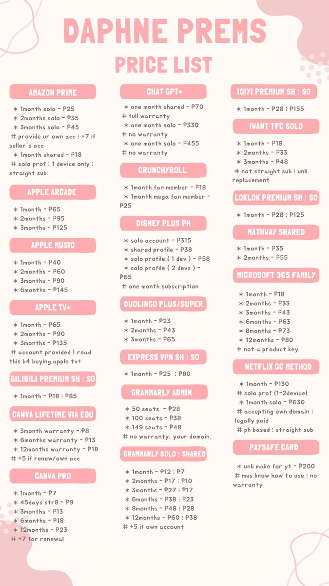 daphne_dumpp's tweet photo. ▭▬ Daphne 's Cart !
  ✶ entertainment, educational, music streaming, vpn and other prems are available !

 ⋆ lfb/rs ⋮ netflix, spotify, quillbot, apple music, grammarly, vivamax, zoom pro and others are available.

 ⵌ mop ⋮ gcash &amp; maya
  ⋮ @daphneprems ⋮ @daphnepremss https://t.co/w8PvqWcKkg