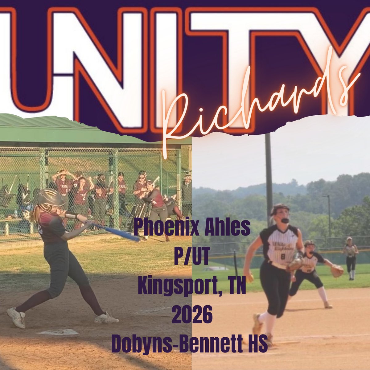 We are super excited to welcome Phoenix Ahles to Unity! Phoenix is a pitcher with Mike Marshall at The Dugout Kingsport and was 2023 JV player of the year. Welcome to the "U" Phoenix and family. #UnitySoftball
<a href="/PhoenixAhles/">Phoenix Ahles</a> <a href="/VAUnitySB/">Unity Softball</a> <a href="/UnitySBjrich/">John Richards</a>
