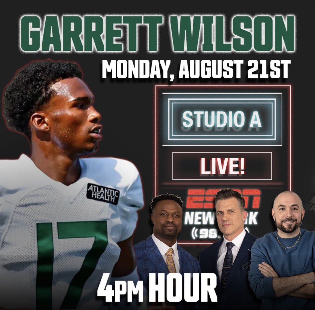 880AM ESPN New York (@880espnnewyork) on Twitter photo π¨ TOMORROW!!! π¨
2022 Offensive Rookie of the Year, New York Jets WR, <a href="/GarrettWilson_V/">Garrett Wilson</a>, will join <a href="/BartScott57/">Bart Scott #CantWait π</a>, <a href="/alanhahn/">Alan Hahn</a> and <a href="/Rosenbergradio/">Peter Rosenberg</a> LIVE IN-STUDIO in the 4PM hour!
TUNE IN! π»πΊπ π¨ TOMORROW!!! π¨
2022 Offensive Rookie of the Year, New York Jets WR, <a href="/GarrettWilson_V/">Garrett Wilson</a>, will join <a href="/BartScott57/">Bart Scott #CantWait π</a>, <a href="/alanhahn/">Alan Hahn</a> and <a href="/Rosenbergradio/">Peter Rosenberg</a> LIVE IN-STUDIO in the 4PM hour!
TUNE IN! π»πΊπ
