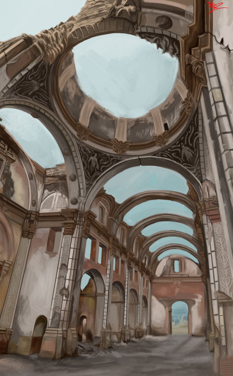 I haven't been on for a while but I am drawing so here is a broken church I recently finished