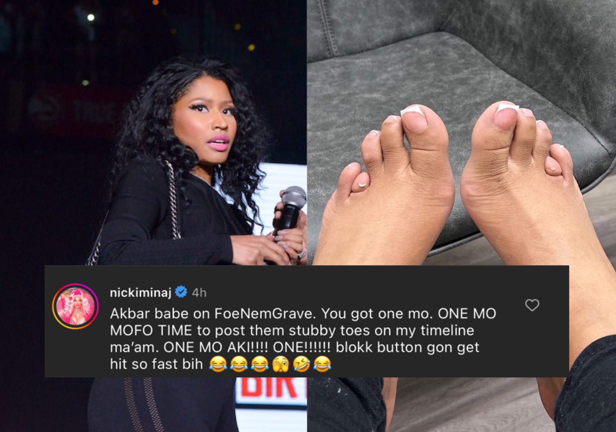 My Mixtapez on X: Nicki Minaj letting Akbar know she got one more time to  post her feet again 😭 t.co8CLNMPWAtc  X