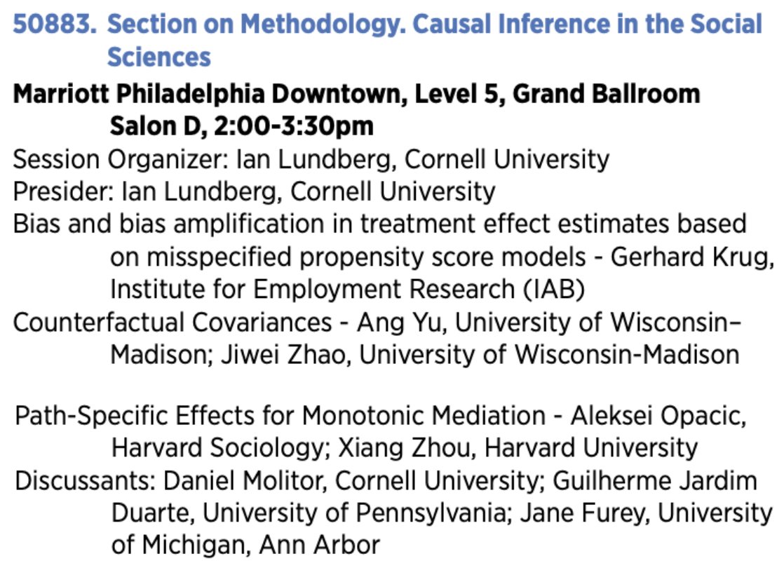 Still got <a href="/ASAnews/">ASA Sociology</a> energy? Close out your conference with causal inference! 3 presentations, 3 discussants. Will be a treat(ment) you won't want to miss! <a href="/AsaMethodology/">asa_methodology</a>