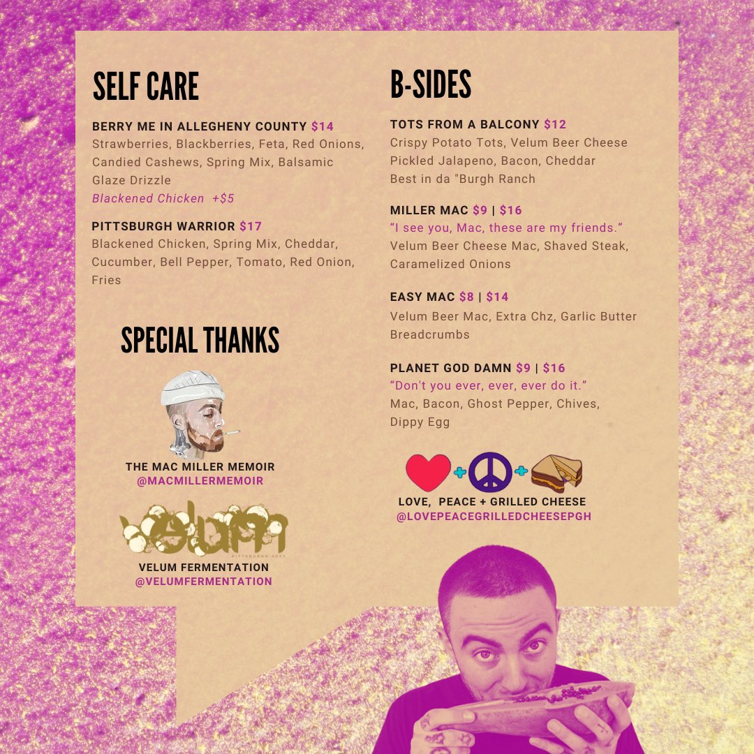 MacMillerMemoir's tweet photo. Presenting the 3rd annual OtherPeopleNeedFood menu & their 2nd annual Mac Miller theme’d gallery show during our ‘Celebration of Mac’ weekend in Pittsburgh. 

👉🏼 Friday, September 1st.
👉🏼 Free admission event 👉🏼 RSVP in bio  $1 from every plate and beverage sold from the food menu goes directly to the Mac Miller Fund, which benefits underserved youth in our communities.